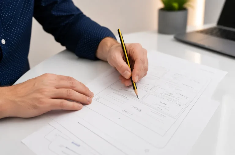 Boceto a lápiz de la estructura de una página web